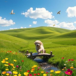 A serene landscape with a lush green meadow and gentle hills under a bright blue sky
