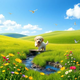 A serene landscape with a lush green meadow and gentle hills under a bright blue sky