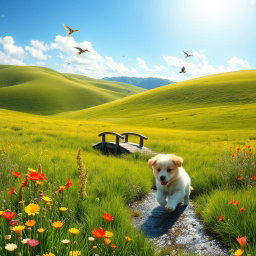 A serene landscape with a lush green meadow and gentle hills under a bright blue sky