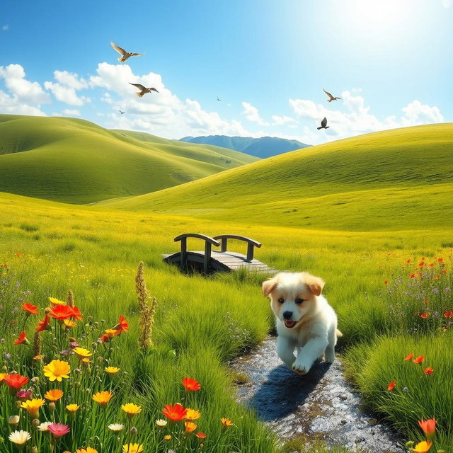 A serene landscape with a lush green meadow and gentle hills under a bright blue sky