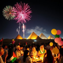 A vibrant celebration scene set in Egypt, showcasing a stunning display of colorful fireworks lighting up the night sky