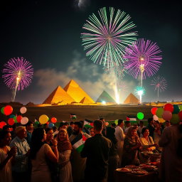 A vibrant celebration scene set in Egypt, showcasing a stunning display of colorful fireworks lighting up the night sky