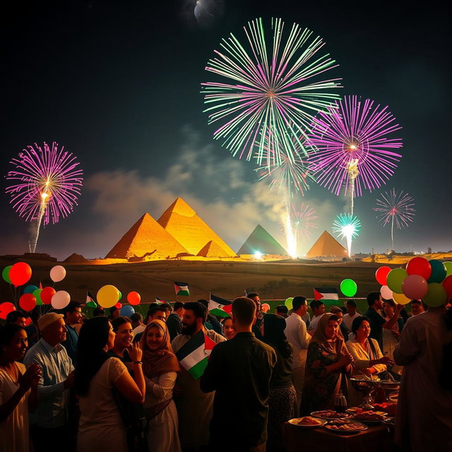 A vibrant celebration scene set in Egypt, showcasing a stunning display of colorful fireworks lighting up the night sky