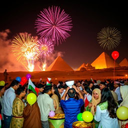 A vibrant celebration scene set in Egypt, showcasing a stunning display of colorful fireworks lighting up the night sky