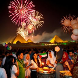 A vibrant celebration scene set in Egypt, showcasing a stunning display of colorful fireworks lighting up the night sky