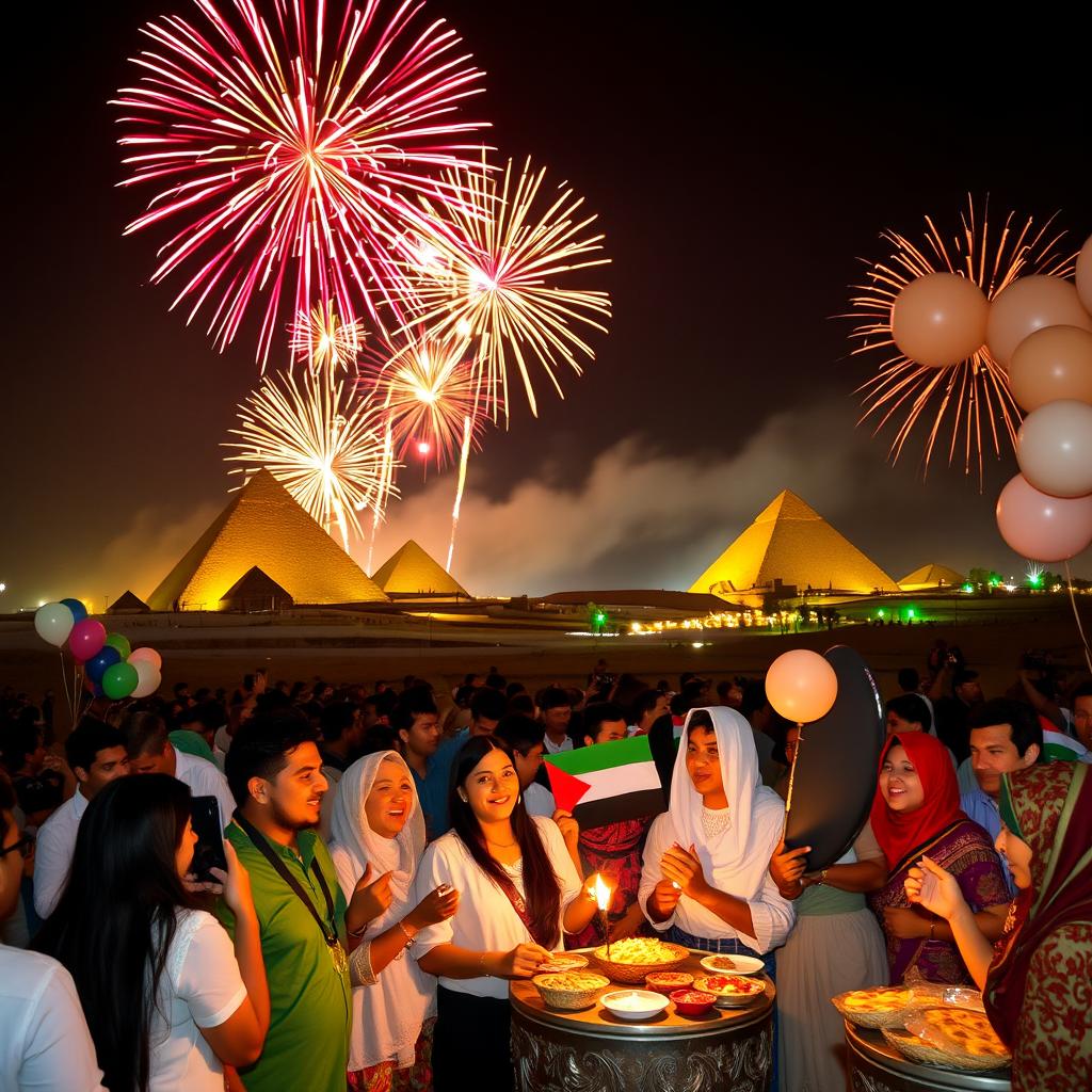 A vibrant celebration scene set in Egypt, showcasing a stunning display of colorful fireworks lighting up the night sky