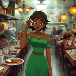 A tired Princess Tiana stands in her bustling restaurant, wearing her classic green dress