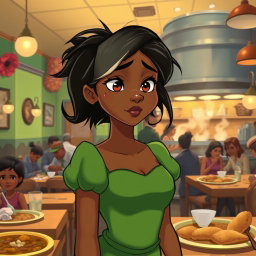 A tired Princess Tiana stands in her bustling restaurant, wearing her classic green dress