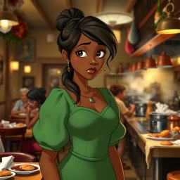 A tired Princess Tiana stands in her bustling restaurant, wearing her classic green dress