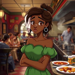 A tired Princess Tiana stands in her bustling restaurant, wearing her classic green dress