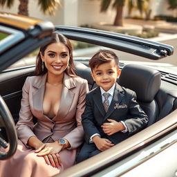 A beautiful and stylish young woman dressed in elegant clothing sits in a luxury Mercedes Benz convertible, radiating sophistication and grace
