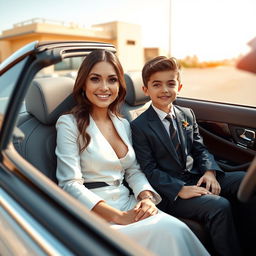A beautiful and stylish young woman dressed in elegant clothing sits in a luxury Mercedes Benz convertible, radiating sophistication and grace