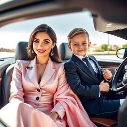 A beautiful and stylish young woman dressed in elegant clothing sits in a luxury Mercedes Benz convertible, radiating sophistication and grace