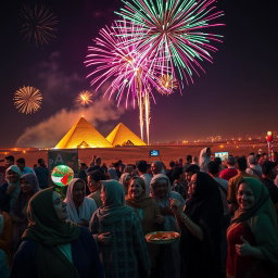 A breathtaking scene of a lively celebration in Egypt, featuring a dazzling display of colorful fireworks exploding in the night sky