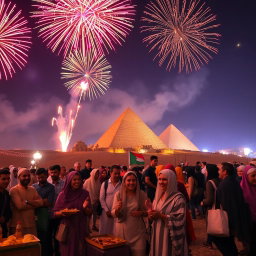 A breathtaking scene of a lively celebration in Egypt, featuring a dazzling display of colorful fireworks exploding in the night sky
