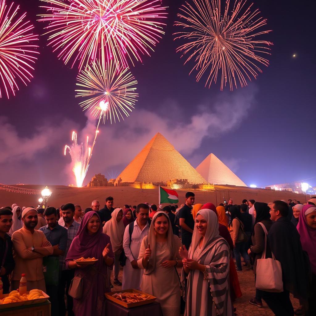 A breathtaking scene of a lively celebration in Egypt, featuring a dazzling display of colorful fireworks exploding in the night sky
