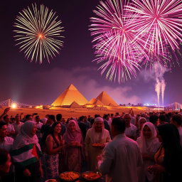 A breathtaking scene of a lively celebration in Egypt, featuring a dazzling display of colorful fireworks exploding in the night sky