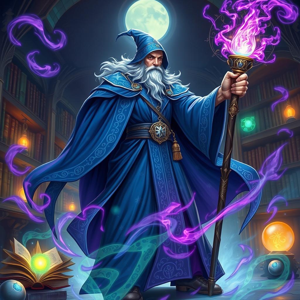 A dynamic and fantasy-inspired scene showcasing a powerful wizard casting a spell