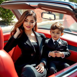 A beautiful and young stylish woman dressed in elegant attire is sitting in a luxurious convertible Mercedes Benz, exuding charm and sophistication
