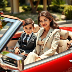 A beautiful and young stylish woman dressed in elegant attire is sitting in a luxurious convertible Mercedes Benz, exuding charm and sophistication