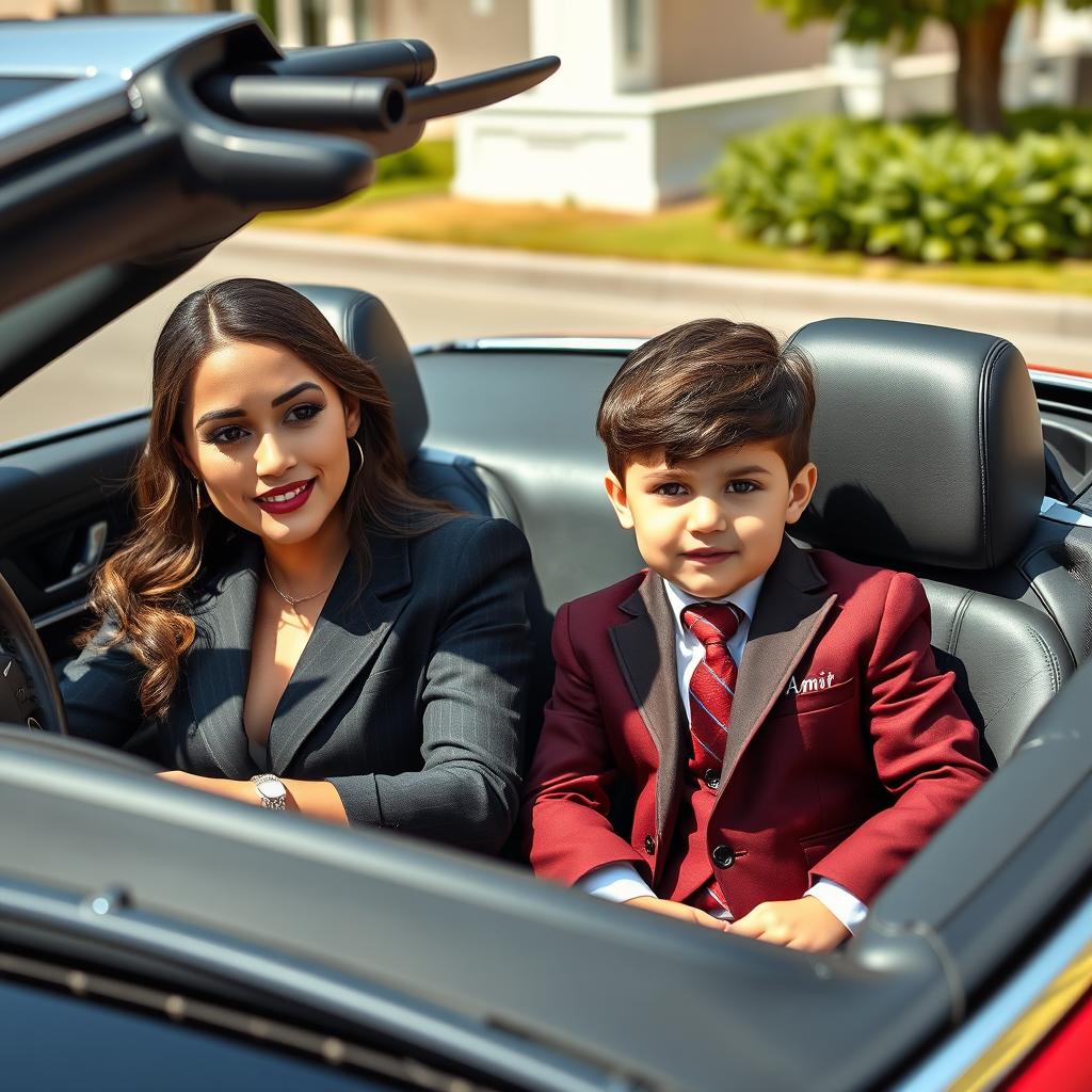 A beautiful and young stylish woman dressed in elegant attire is sitting in a luxurious convertible Mercedes Benz, exuding charm and sophistication