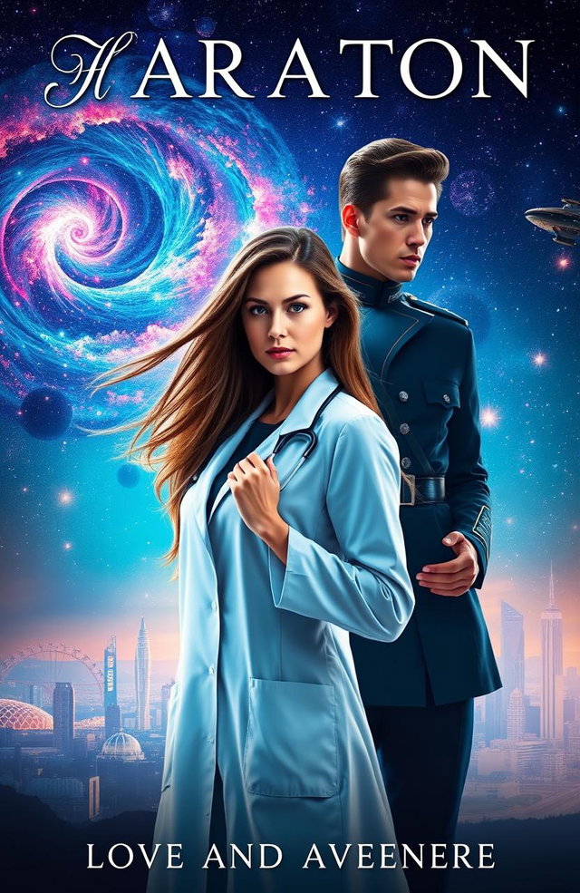 A romantic book cover featuring a female doctor standing confidently in the foreground, with her long hair flowing gently