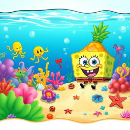 A vibrant underwater scene inspired by SpongeBob SquarePants, featuring colorful coral reefs, quirky sea creatures like jellyfish and starfish, and the iconic pineapple house under the sea