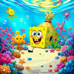 A vibrant underwater scene inspired by SpongeBob SquarePants, featuring colorful coral reefs, quirky sea creatures like jellyfish and starfish, and the iconic pineapple house under the sea