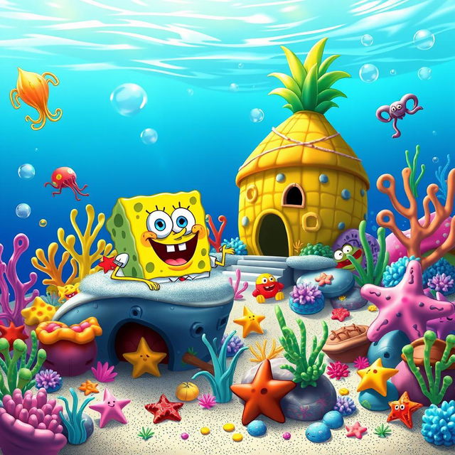 A vibrant underwater scene inspired by SpongeBob SquarePants, featuring colorful coral reefs, quirky sea creatures like jellyfish and starfish, and the iconic pineapple house under the sea