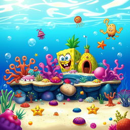 A vibrant underwater scene inspired by SpongeBob SquarePants, featuring colorful coral reefs, quirky sea creatures like jellyfish and starfish, and the iconic pineapple house under the sea