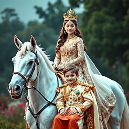 A beautiful and young fair-skinned woman wearing an elegant imperial gown adorned with intricate designs, riding a stunning white horse
