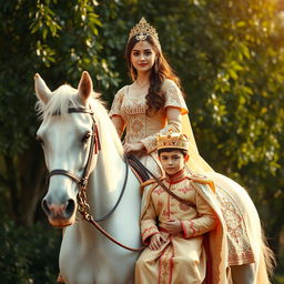 A beautiful and young fair-skinned woman wearing an elegant imperial gown adorned with intricate designs, riding a stunning white horse