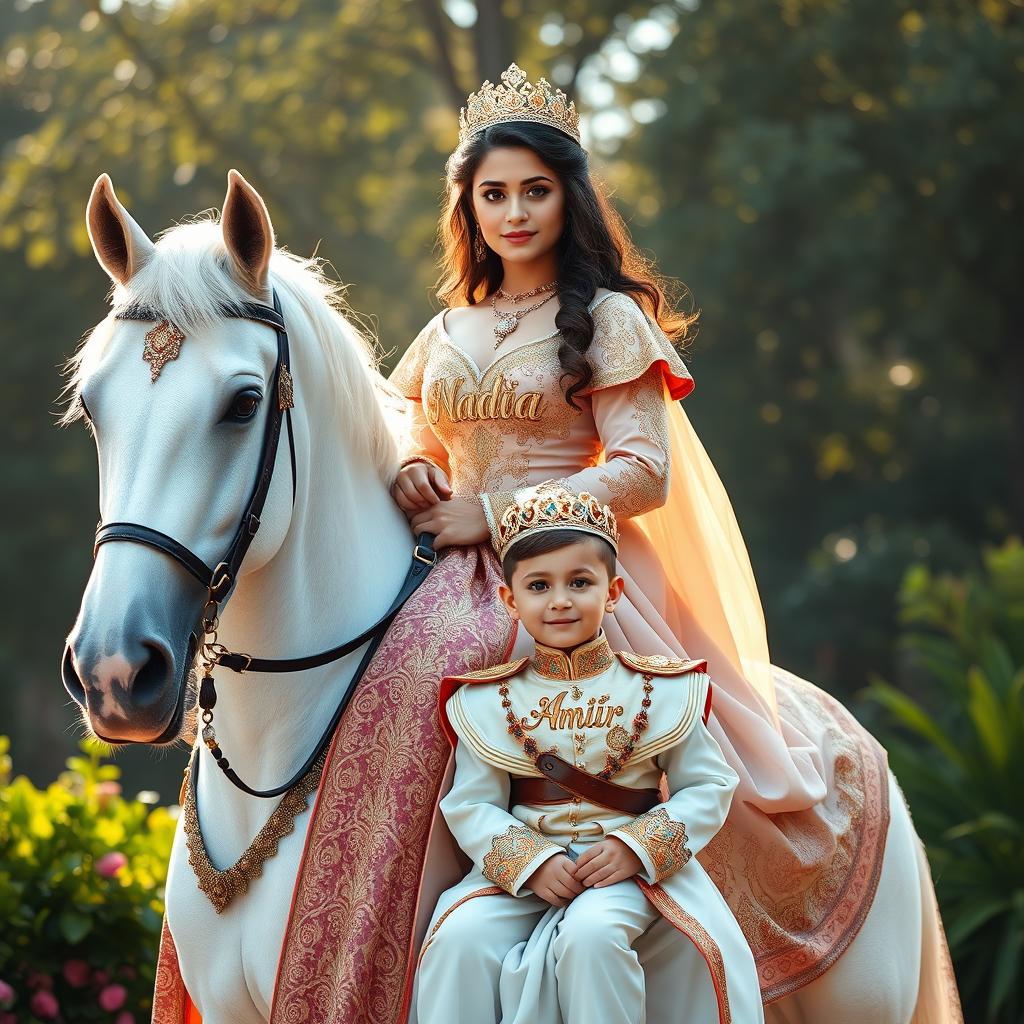 A beautiful and young fair-skinned woman wearing an elegant imperial gown adorned with intricate designs, riding a stunning white horse