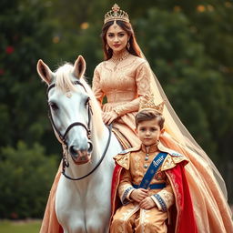 A beautiful and young fair-skinned woman wearing an elegant imperial gown adorned with intricate designs, riding a stunning white horse