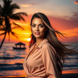 A stunning portrait of a confident woman with flowing long hair, wearing a stylish and elegant outfit