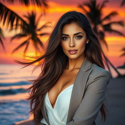 A stunning portrait of a confident woman with flowing long hair, wearing a stylish and elegant outfit