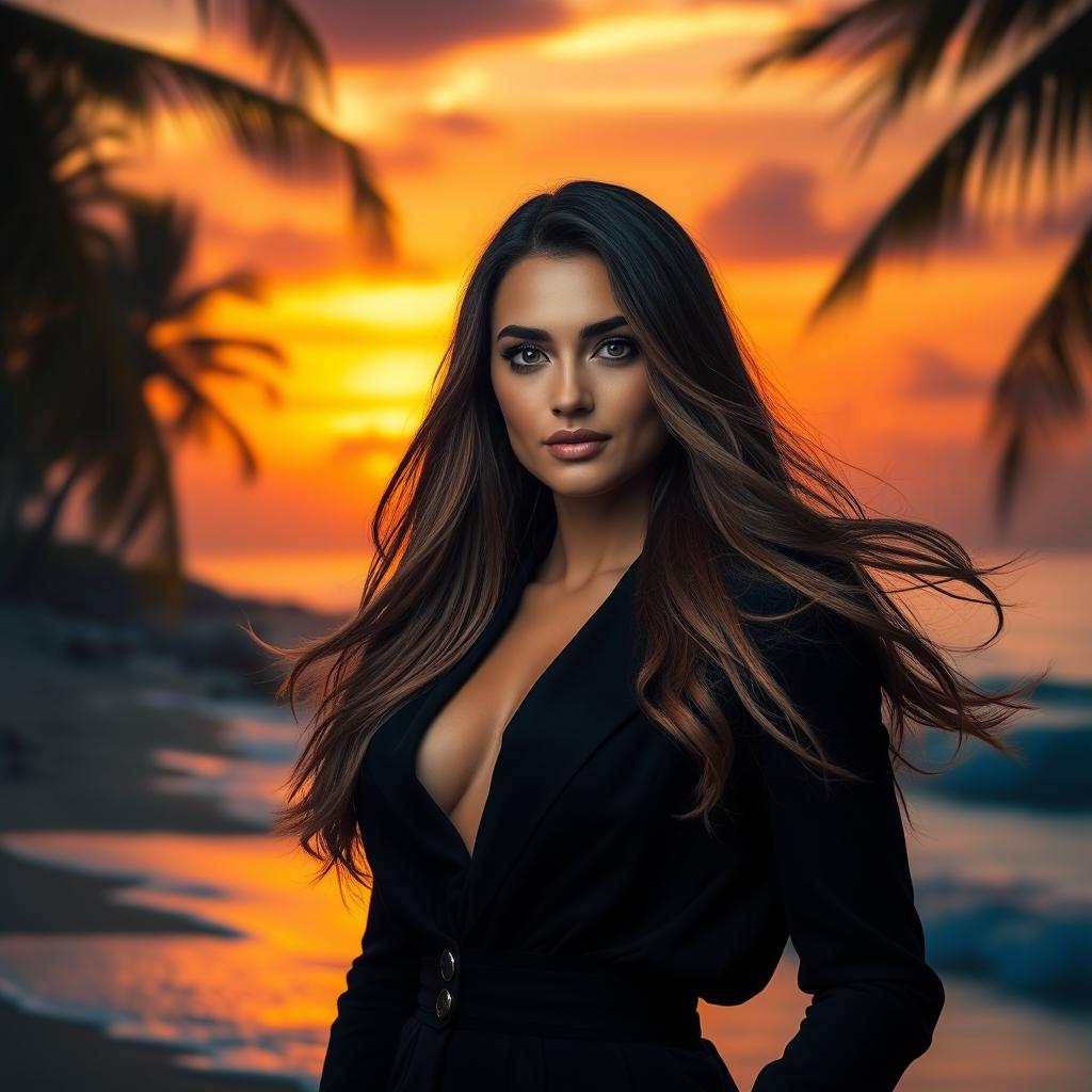 A stunning portrait of a confident woman with flowing long hair, wearing a stylish and elegant outfit