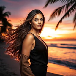 A stunning portrait of a confident woman with flowing long hair, wearing a stylish and elegant outfit