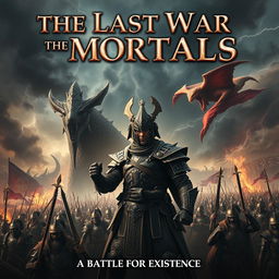 A dramatic and intense poster depicting 'The Last War of the Mortals', featuring a grand battlefield filled with fierce warriors clad in intricate armor, raised weapons, and determined expressions