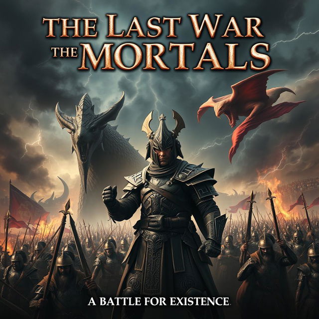 A dramatic and intense poster depicting 'The Last War of the Mortals', featuring a grand battlefield filled with fierce warriors clad in intricate armor, raised weapons, and determined expressions