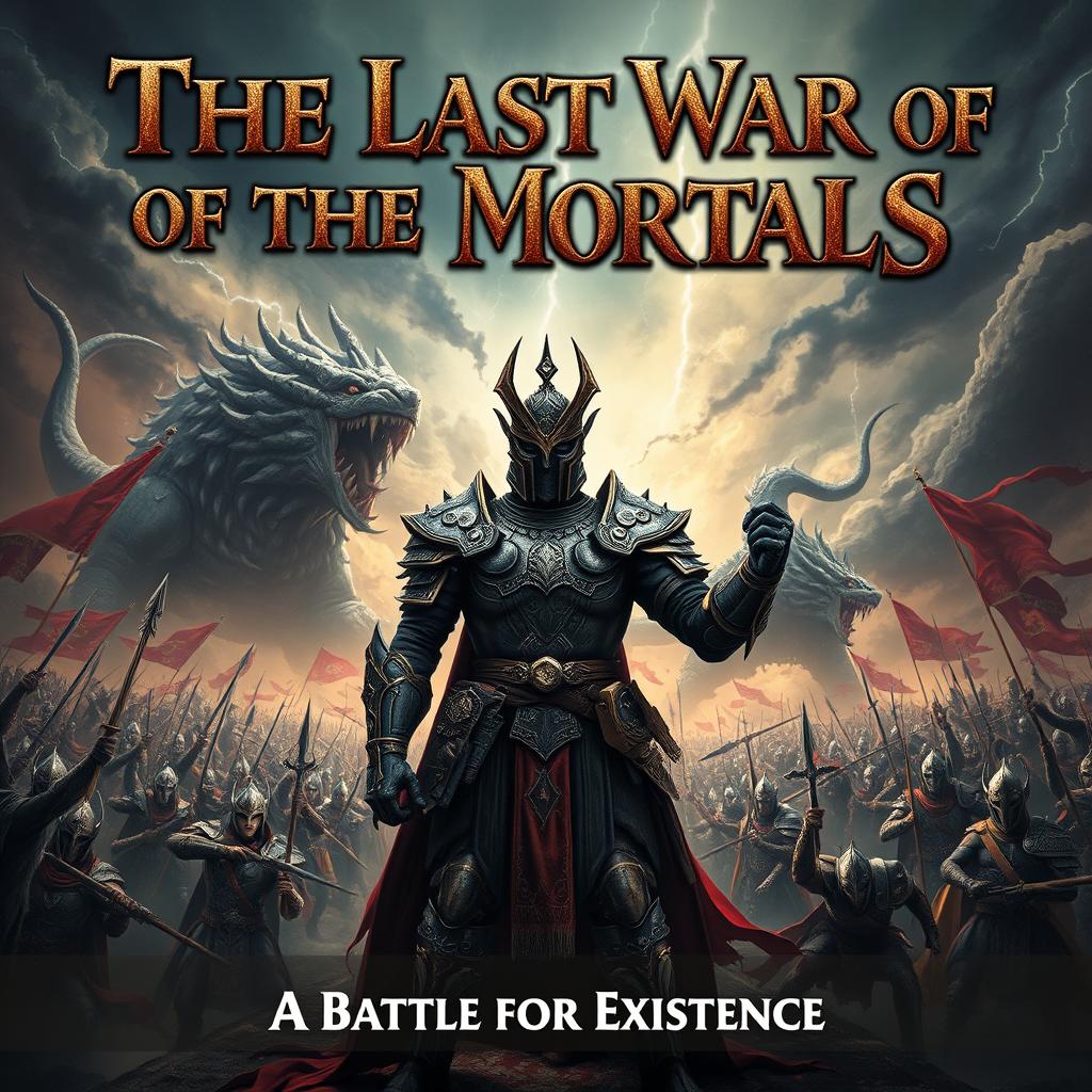 A dramatic and intense poster depicting 'The Last War of the Mortals', featuring a grand battlefield filled with fierce warriors clad in intricate armor, raised weapons, and determined expressions
