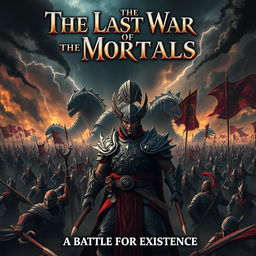 A dramatic and intense poster depicting 'The Last War of the Mortals', featuring a grand battlefield filled with fierce warriors clad in intricate armor, raised weapons, and determined expressions