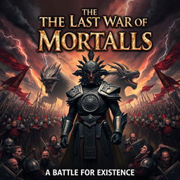 A dramatic and intense poster depicting 'The Last War of the Mortals', featuring a grand battlefield filled with fierce warriors clad in intricate armor, raised weapons, and determined expressions