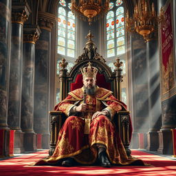 A majestic king seated on an ornate throne, adorned in a richly detailed robe with golden embroidery, wearing a shimmering crown studded with jewels