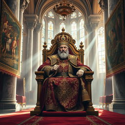 A majestic king seated on an ornate throne, adorned in a richly detailed robe with golden embroidery, wearing a shimmering crown studded with jewels