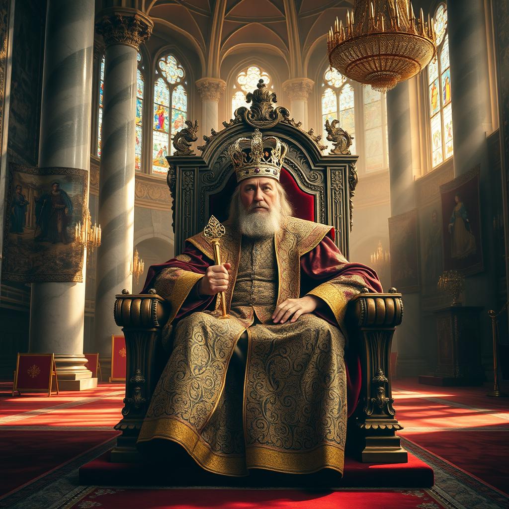 A majestic king seated on an ornate throne, adorned in a richly detailed robe with golden embroidery, wearing a shimmering crown studded with jewels