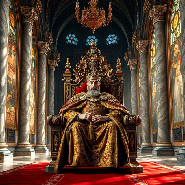 A majestic king seated on an ornate throne, adorned in a richly detailed robe with golden embroidery, wearing a shimmering crown studded with jewels