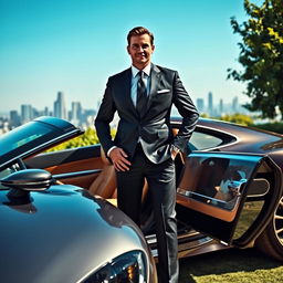 A wealthy man standing proudly next to his luxurious car, showcasing an extravagant lifestyle