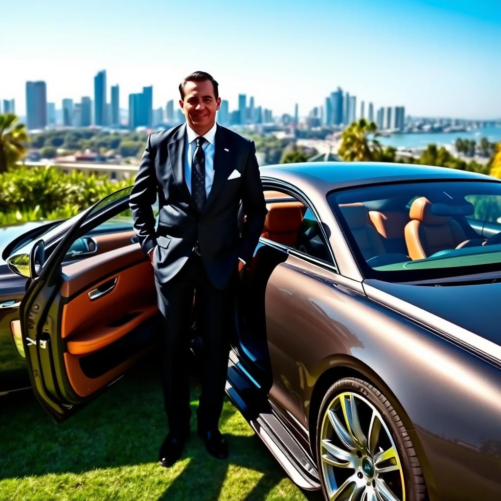 A wealthy man standing proudly next to his luxurious car, showcasing an extravagant lifestyle