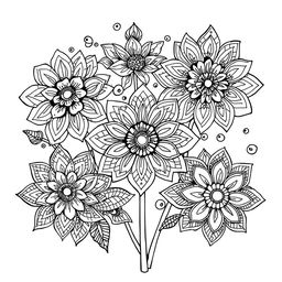 A detailed illustration of intricate zentangle flowers, featuring various patterns and designs in black and white